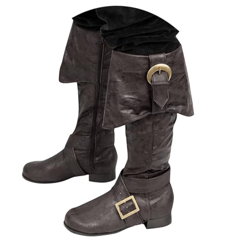 Generisch Stiefeletten Herren Retro Faltdesign Freizeitstiefel Herrenstiefel mit halbhoher Wade Beiläufige Schnalle Langschaft Kniehohe Stiefel Warme Leder Reitstiefel Niedrige Schuhe von Generisch