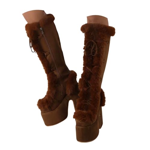 Generisch Stiefeletten für Damen, bequeme Absatzschuhe, Damen Kniehohe Wildleder Plateaustiefel Wintermode Runde Zehenpartie High Heel mit seitlichem Reißverschluss (Brown, 36) von Generisch
