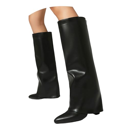 Generisch Stiefeletten für Damen, bequeme Absatzschuhe, Kniehohe Stiefel für Damen, kniehohe Stiefel mit Umschlag, klobige High Heels, lange mit Reißverschluss, spitze Zehenpartie, hohe (37) von Generisch