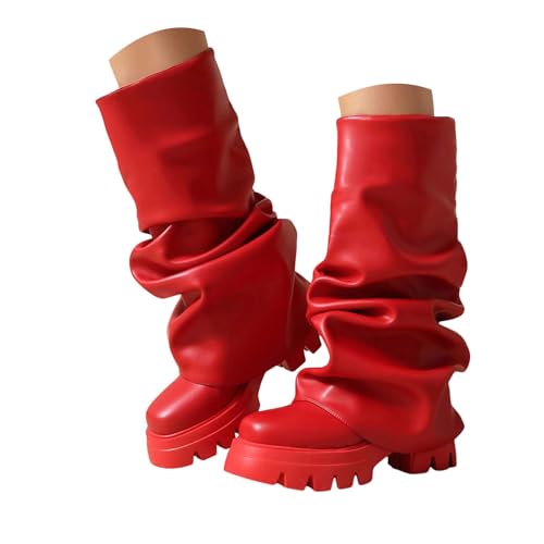 Generisch Stiefeletten für Damen, bequeme Absatzschuhe, Kniehohe Stiefel für Damen, runde Zehenpartie, Plateauabsatz, zum Hineinschlüpfen, Slouch Stiefel (Red, 37) von Generisch