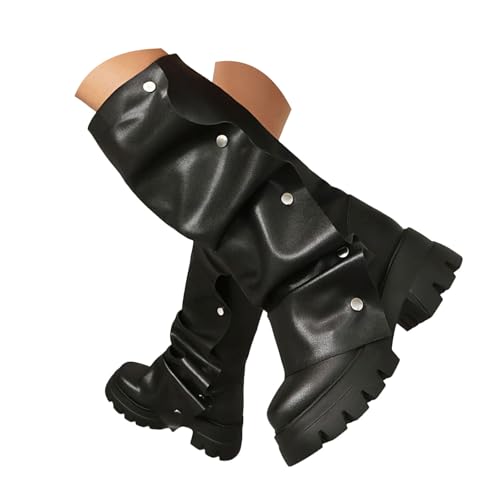 Generisch Stiefeletten für Damen, bequeme Absatzschuhe, Slouchy Stiefel für Damen, Plateaustiefel mit Umschlag,Lederstiefel, Punk, mittlere Wade, klobiger Knopf, Partyschuhe, Motorradstiefel (39) von Generisch