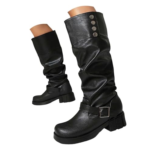 Generisch Stiefeletten für Damen, bequeme Absatzschuhe, Stiefeletten Damen Herbst Winter Boots Kniehohe Reitstiefel für bequem mit Metall und Reißverschlussstiefeln breiter Wade (35) von Generisch