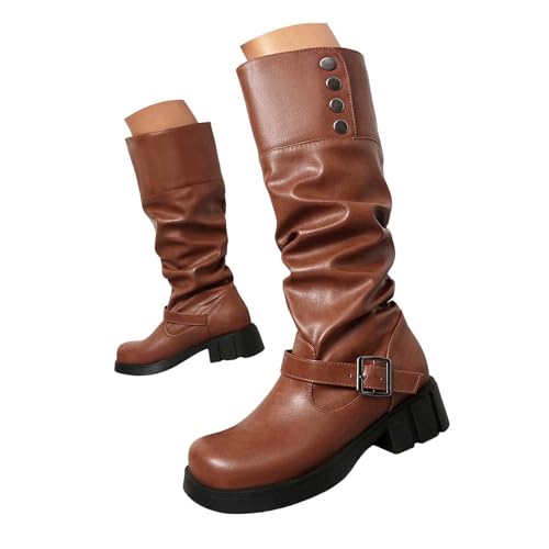 Generisch Stiefeletten für Damen, bequeme Absatzschuhe, Stiefeletten Damen Herbst Winter Boots Kniehohe Reitstiefel für bequem mit Metall und Reißverschlussstiefeln breiter Wade (Brown, 37) von Generisch