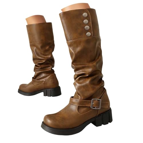 Generisch Stiefeletten für Damen, bequeme Absatzschuhe, Stiefeletten Damen Herbst Winter Boots Kniehohe Reitstiefel für bequem mit Metall und Reißverschlussstiefeln breiter Wade (Khaki, 37) von Generisch
