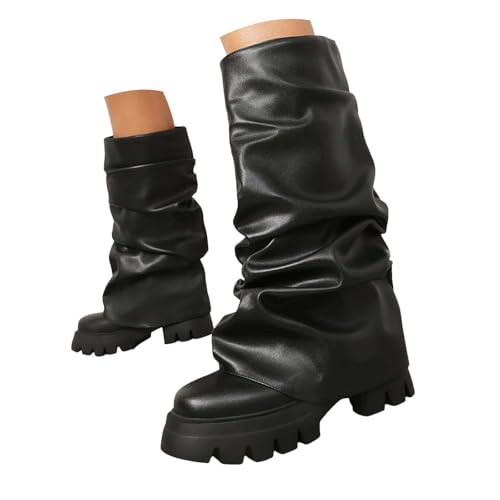 Generisch Stiefeletten für Damen, bequeme Absatzschuhe, Stiefeletten Damen Herbst Winter Boots Kniehohe Stiefel für runde Zehenpartie, Plateauabsatz, zum Hineinschlüpfen, Slouch Stiefel (36) von Generisch