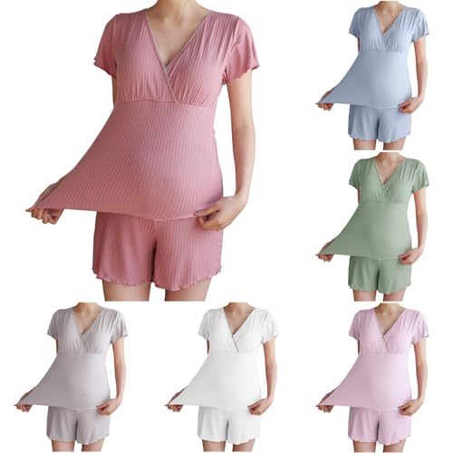 Generisch Still Pyjama, Still Schlafanzug Damen Kurz Umstandsmode Sommer Stillpyjama Set Zweiteiliger Mutterschaft Schlaf Schwangerschaft Stillfunktion Nachtwäsche Umstands Stillen Hausanzug von Generisch