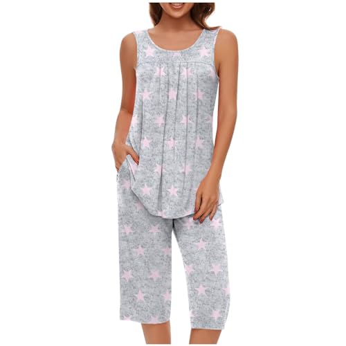 Generisch Still Pyjama Set Tanktop Caprihose für Damen mit Tasche, Loungewear-Sets, Pyjama-Sets Damen Pyjama Nachthemd (Grey, XXL) von Generisch
