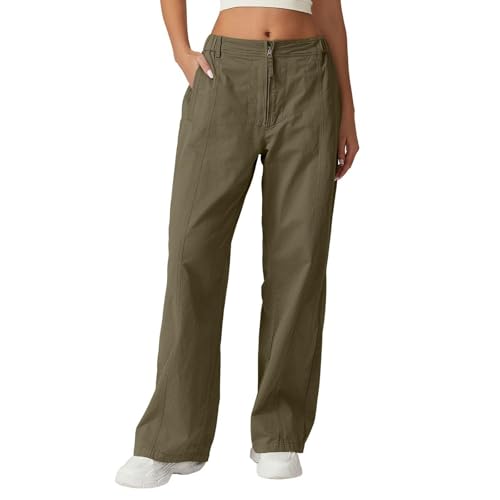 Generisch Stoffhose Damen Schwarz High Waist Womens Zip Front Wide Leg Long Pants High Waist Causal Cargo Pants Cotton Pocket Palazzo Pants Pumphose Damen GrüN (AG, M) von Generisch