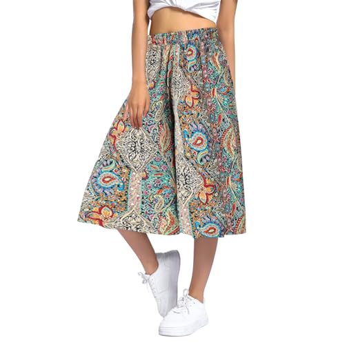 Generisch Stoffhose Damen Sommer, Culotte Damen 7/8 Sommer Hosenrock Blumendruck Leicht Palazzo Hose High Waist Baggy Sommerhose Freizeithose Hippie Lockere Yogahose Strandhose von Generisch