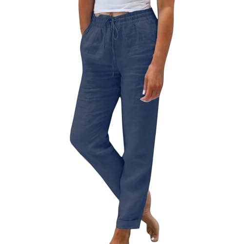 Generisch Stoffhose Damen Sommer Leinenhose Damen Sommer 7 8 Stoffhose mit Gummizug Straight Leg Baumwolle leinen Hose Bequeme leicht elegant locker Schlupfhose b-blau l von Generisch