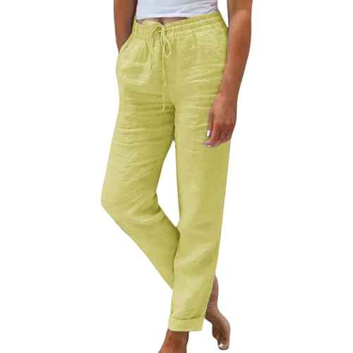 Generisch Stoffhose Damen Sommer Leinenhose Damen Sommer 7 8 Stoffhose mit Gummizug Straight Leg Baumwolle leinen Hose Bequeme leicht elegant locker Schlupfhose b-gelb l von Generisch
