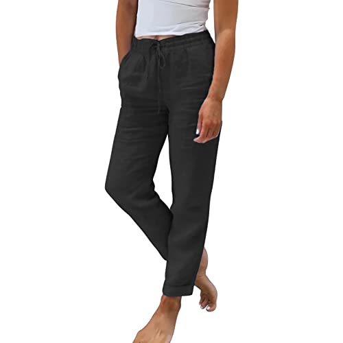 Generisch Stoffhose Damen Sommer Leinenhose Damen Sommer 7 8 Stoffhose mit Gummizug Straight Leg Baumwolle leinen Hose Bequeme leicht elegant locker Schlupfhose d-schwarz von Generisch