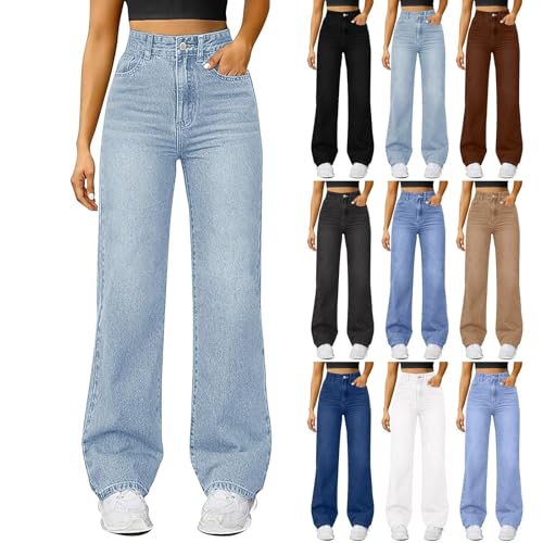 Generisch Straight Leg Jeans Damen High Waist Baggy Jeans Damen Schlaghose Damen Jeans Stretch Jeans mit Gummizug Leichte Sommerjeans für Frauen Hosen für Mädchen von Generisch