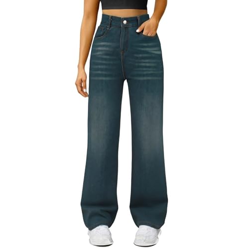 Generisch Straight Leg Jeans Damen High Waist Weites Bein Jeanshose Strecken Straight-Fit Lang Denimhose Mit 4 Taschen Leichter Lässige Jogginghose Female Hosen (Blue, S) von Generisch