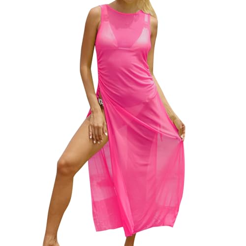 Generisch Strandkleid Damen Sexy Durchsichtig Schwarz Kleid Maxirock Transparent Netzstoff mit hoher Öffnung langes Netzoberteile Boho Bikini Cover Up Sommerkleid Peros Bademode Vertuschen von Generisch