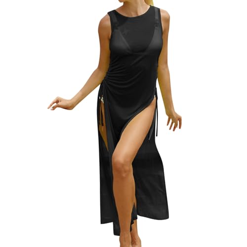 Generisch Strandkleid Damen Sexy Durchsichtig Schwarz Kleid Maxirock Transparent Netzstoff mit hoher Öffnung langes Netzoberteile Boho Bikini Cover Up Sommerkleid Peros Bademode Vertuschen von Generisch