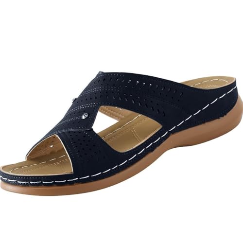 Generisch Strandsandalen for Damen, bequem, for den Sommer, offene Zehenpartie, Plateau-Slides mit Fußgewölbeunterstützung, Strand-Keilabsatz, Slip-on-Hausschuhe(Dark blue,41 EU) von Generisch