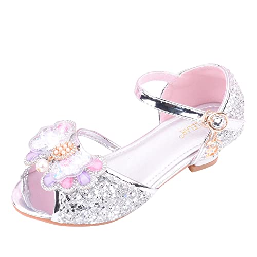 Generisch Strandschuhe Kinder Kinderschuhe mit glänzenden Sandalen Prinzessin Schuhe Bogen High Heels zeigen Prinzessin Schuhe Schneestiefel 24 (Silver, 30 Little Child) von Generisch