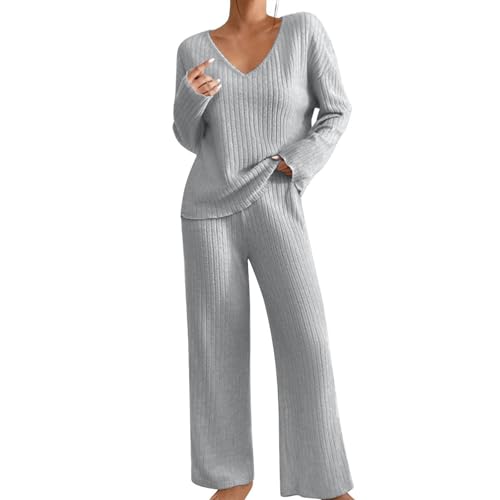 Generisch Strick Set Damen Zweiteiler Winter | Strickanzug Damen Set Elegant | Freizeitanzug Warm Kuschelanzug V Ausschnitt Zweiteiler Sweatshirt Und Strickhose Hausanzug Casual Bequeme Jogginganzüge von Generisch