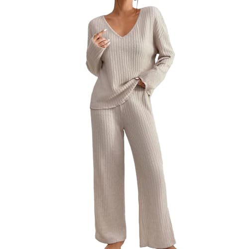 Generisch Strick Set Damen Zweiteiler Winter | Strickanzug Damen Set Elegant | Freizeitanzug Warm Kuschelanzug V Ausschnitt Zweiteiler Sweatshirt Und Strickhose Hausanzug Casual Bequeme Jogginganzüge von Generisch