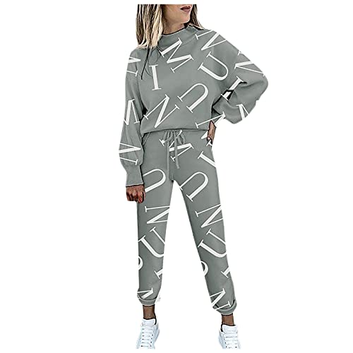 Generisch Strick Zweiteiler Damen, Hausanzug Kuschelig Jogginganzug Damen Set Warm Sportanzug Freizeitanzug Elegant Sweatshirt + Lange Hose Trainingsanzug Für Running, Set Workout (XXL, Gray) von Generisch