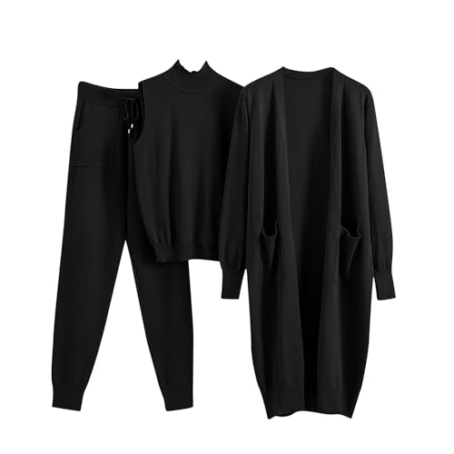 Generisch Strickanzug Damen Set 3 Teilig Elegant Hausanzug Damen Kuschelig Strick Hosenanzug Damen 3 Teiler mit Weste Freizeitanzug Zuhause Einfarbig Outfit Inkl. Hose, Longstrickjacke & Weste von Generisch