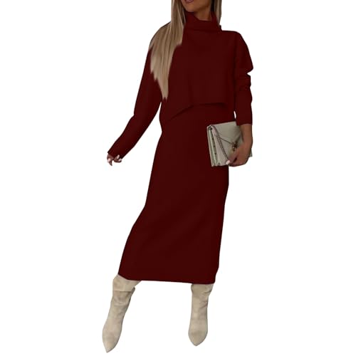 Generisch Strickanzug Damen Set Winter Rock Warm Anzug Damen Elegant 2 Teiler Pullover Zweiteiler Strick Hosenanzug Damen Mit Kleid Rollkragen Hausanzug Frauen Kuschelig 2 Teilig Knit Freizeitanzug von Generisch