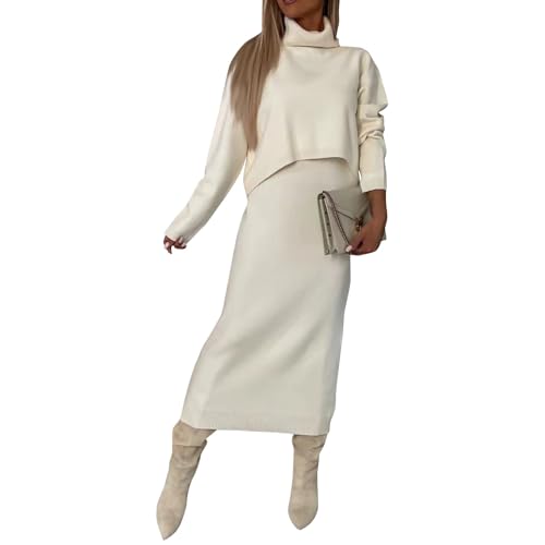 Generisch Strickanzug Damen Set Winter Rock Warm Anzug Damen Elegant 2 Teiler Pullover Zweiteiler Strick Hosenanzug Damen Mit Kleid Rollkragen Hausanzug Frauen Kuschelig 2 Teilig Knit Freizeitanzug von Generisch