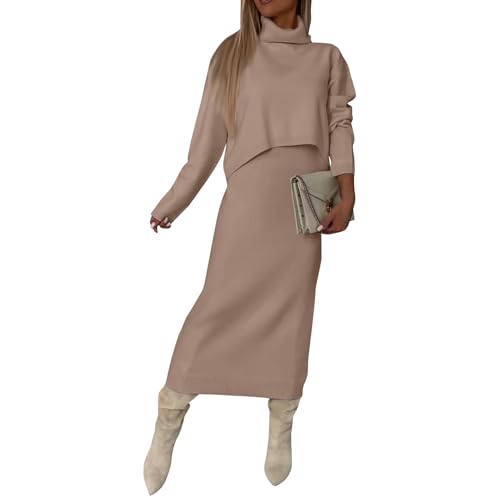 Generisch Strickanzug Damen Set Winter Rock Warm Anzug Damen Elegant 2 Teiler Pullover Zweiteiler Strick Hosenanzug Damen Mit Kleid Rollkragen Hausanzug Frauen Kuschelig 2 Teilig Knit Freizeitanzug von Generisch