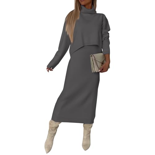 Generisch Strickanzug Damen Set Winter Rock Warm Anzug Damen Elegant 2 Teiler Pullover Zweiteiler Strick Hosenanzug Damen Mit Kleid Rollkragen Hausanzug Frauen Kuschelig 2 Teilig Knit Freizeitanzug von Generisch