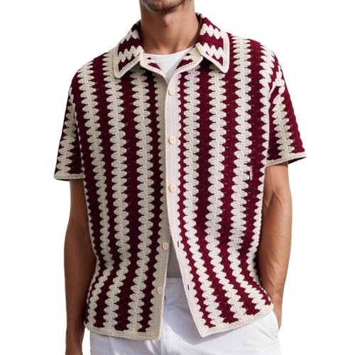 Generisch Stricken Hemd Herren Freizeithemd Atmungsaktiv Cut Out Casual Reverskragen Hemd Durchsichtig Muskleshirts Sporthemd Tops Revers Oversized Kurzarmhemd von Generisch