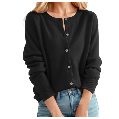 Generisch Strickjacke, Strickjacke Damen Kurz Cardigan Elegant Pullover Rundhals Herbst Strickpullover Mit Tasche Langarm Y2K Strickweste Für Teenager Mädchen, Black, L von Generisch