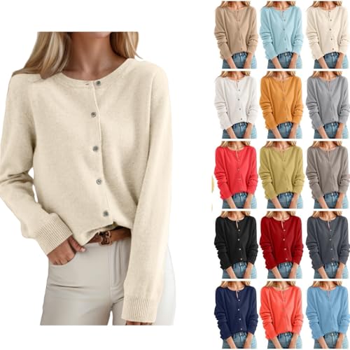 Generisch Strickjacke Damen Kurz, Strickjacke Damen Kurz Cardigan Elegant Pullover Rundhals Herbst Strickpullover Mit Tasche Langarm Y2K Strickweste Für Teenager Mädchen, Beige, L von Generisch