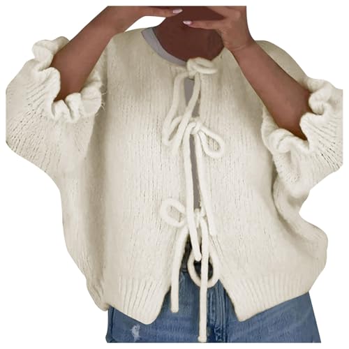 Generisch Strickjacke Damen, Strickjacke Damen Kurz Cardigan Pullover mit Schnürung vorne und Schleife Offene Vorderseite Sweater Casual Strickjacken für Damen Winter Warm Offene Front Strickmantel von Generisch