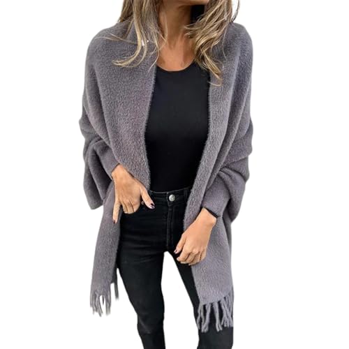 Generisch Strickjacke Damen Elegant Übergangsmantel Quaste Dekoration Warme Schal Mantel Weich Plüsch Schalmantel Casual Einfarbig Damenmantel Langärmelige Leicht Cardigan von Generisch