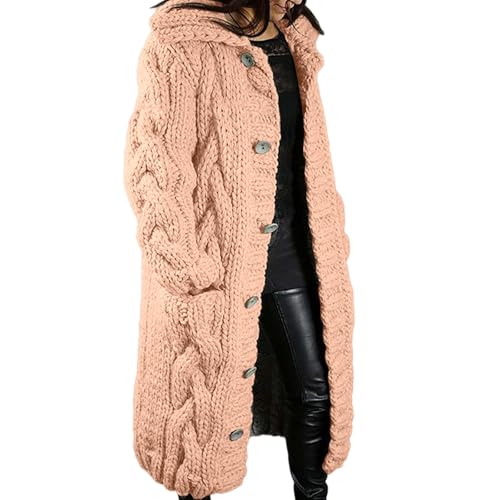 Generisch Strickjacke Damen Grobstrick Pullover Lang Cardigan Einfarbig Strickcardigan Outwear Winterjacke Pulli Mit Einzig Knöpfe Jacket Strickpullover Mantel Strickmantel mit Tasche von Generisch