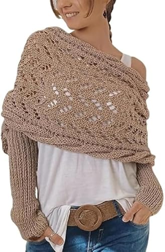 Generisch Strickjacke Damen Kurz Leichte Pullover Cardigan Casual Elegant Bolero Mode Hohlraum Cover Up Langarm Schulterjacke Top (Camel) von Generisch
