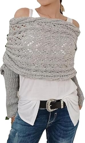 Generisch Strickjacke Damen Kurz Leichte Pullover Cardigan Casual Elegant Bolero Mode Hohlraum Cover Up Langarm Schulterjacke Top (Hellgrau) von Generisch