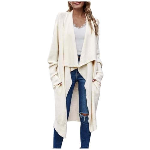 Generisch Strickjacke Damen Lang Cardigan Damen Elegant Mit Wasserfallkragen Strickjacken Für Damen Winter Langarm Longstrickjacke Frauen Einfarbig Strickjacke Grobstrick mit Taschen Strickmantel von Generisch