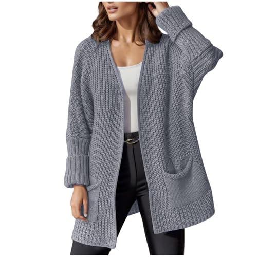 Generisch Strickjacke Damen Lang Damen-Pendler-Stil, lockerer, mittellanger Mantel, große Größe, lässiger Pullover (Grey, L) von Generisch