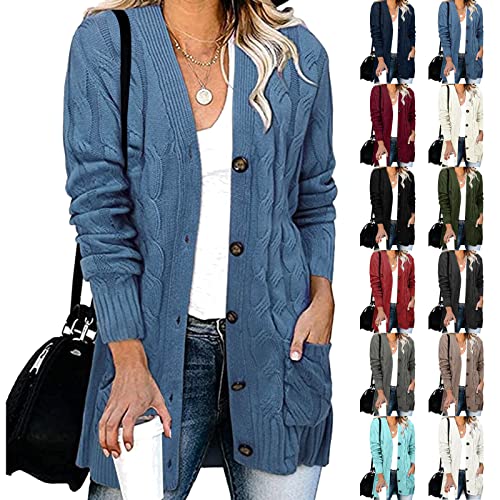 Generisch Strickjacke Damen Lang Grobstrick, Grobstrickjacke Damen Oversize Cardigan V Ausschnitt Sweater Mit Knöpfen Strickmantel Mit Taschen Locker Strickjacken Große Größen Pullover Casual Mantel von Generisch
