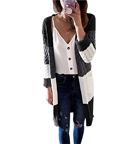 Generisch Strickjacke Damen Lang Grobstrick Pullover Langarm Farbblock Patchwork Strickpullover Kuscheljacke Modern Oversize Winter Mode Strickjacke Outwear Pullover Tops Damen Strick Cardigan von Generisch