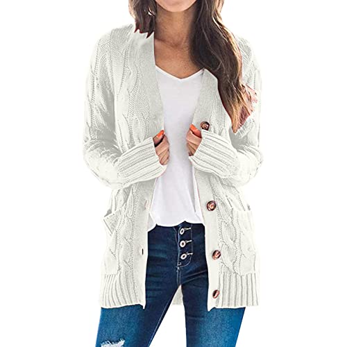 Generisch Strickjacke Damen Lang Grobstrick Wolle Winter Mit Knöpfen Warm Übergang Strickcardigan Strickmantel Grün Große Größe Baumwolle Grobstrickjacke Cardigan Herbst Elegant Wolljacke von Generisch