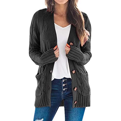 Generisch Strickjacke Damen Lang Grobstrick Wolle Winter Mit Knöpfen Warm Übergang Strickcardigan Strickmantel Grün Große Größe Baumwolle Grobstrickjacke Cardigan Herbst Elegant Wolljacke von Generisch