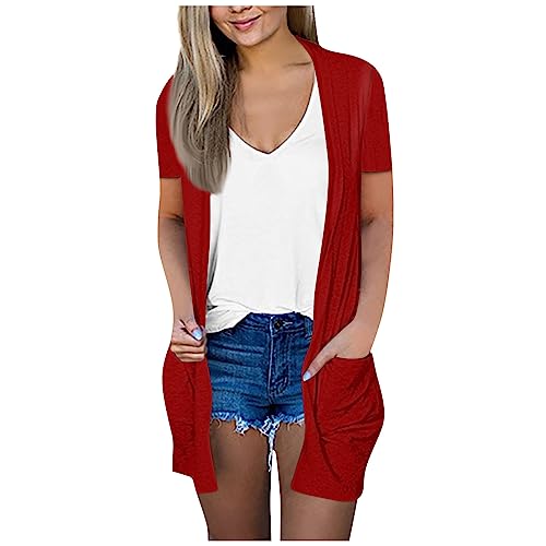 Generisch Strickjacke Damen Lang Leichte Jacke Damen Damen Große Größen Damen Sommerjacke Leicht Jäckchen Damen Sommer Kurzarm Blazer Strickjacke Große Größen Chiffonbluse,Red,XL von Generisch