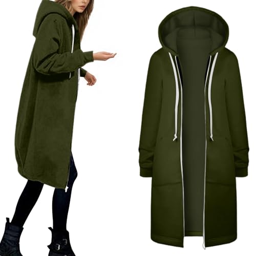 Generisch Sweatjacke Damen Lang mit Kapuze Durchgehender Reißverschluss Langarm Große Größen Kapuzenjacke Herbst Winter Sweatshirt Pulli Taschen Streetwear Kapuzenpullover Zip Hoodie von Generisch
