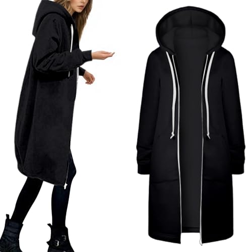 Generisch Sweatjacke Damen Lang mit Kapuze Durchgehender Reißverschluss Langarm Große Größen Kapuzenjacke Herbst Winter Sweatshirt Pulli Taschen Streetwear Kapuzenpullover Zip Hoodie von Generisch