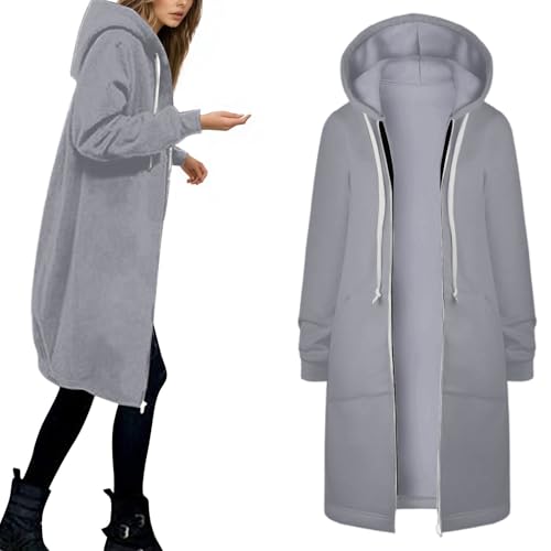 Generisch Sweatjacke Damen Lang mit Kapuze Durchgehender Reißverschluss Langarm Große Größen Kapuzenjacke Herbst Winter Sweatshirt Pulli Taschen Streetwear Kapuzenpullover Zip Hoodie von Generisch