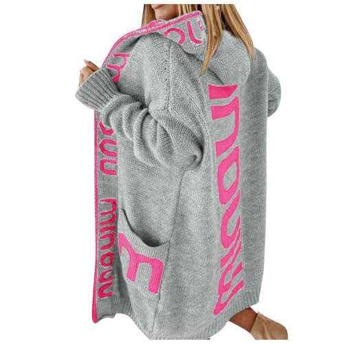 Generisch Strickjacke Damen Lang schwarz beige Weiss Herbst v Ausschnitt, Damen Strickjacke Lang Cardigan Kapuzenpullover Grobstrickjacke Strickmantel mit Kapuze Hot Pink M von Generisch