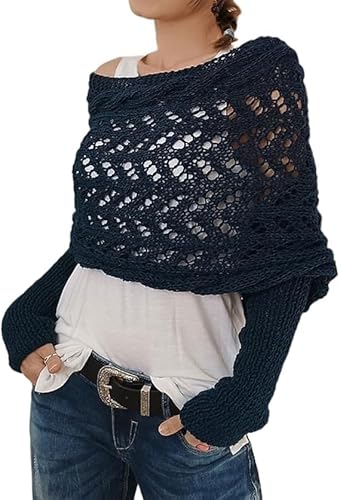 Generisch Strickjacke Damen Leichte Kurz Pullover Cardigan Casual Elegant Bolero Mode Hohlraum Cover Up Langarm Schulterjacke Top (Navy) von Generisch